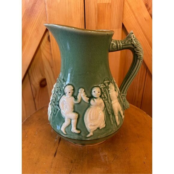 Vintage Glazed Pottery Majolica Figural 8-1/2" High Green Pitcher Japan (8877) - Picture 3 of 7